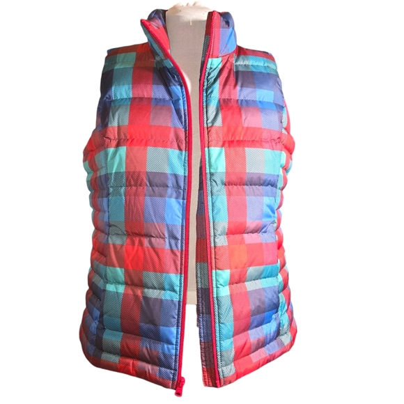 Lands' End Turquoise, Blue & Red Plaid Full Zip Down Puffer Vest Size L(14-16) - Picture 2 of 12
